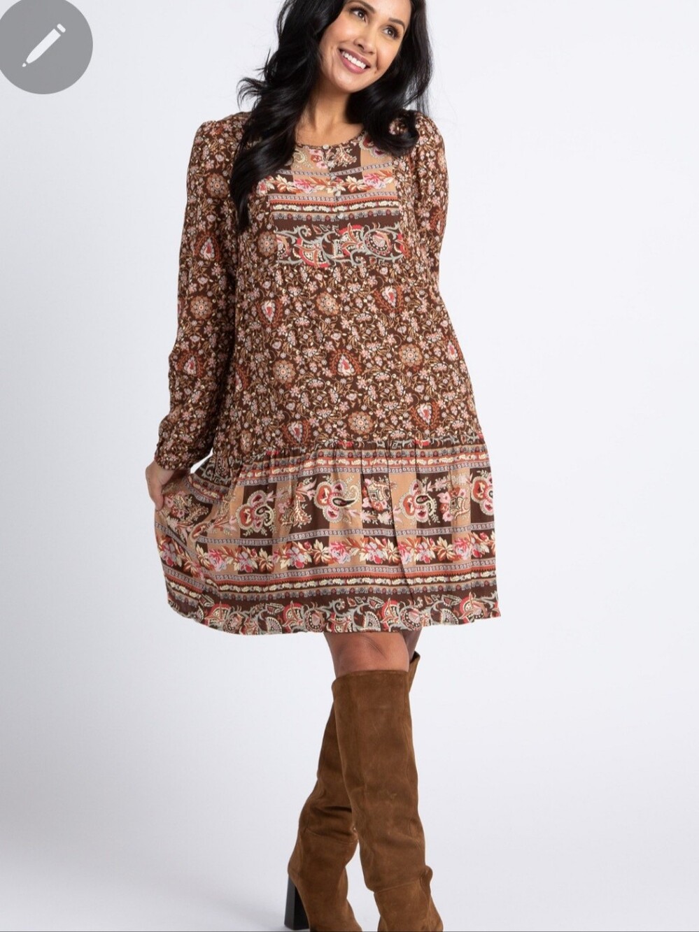 Tribal Brown Printed Boho Long Sleeve Dress Sz M